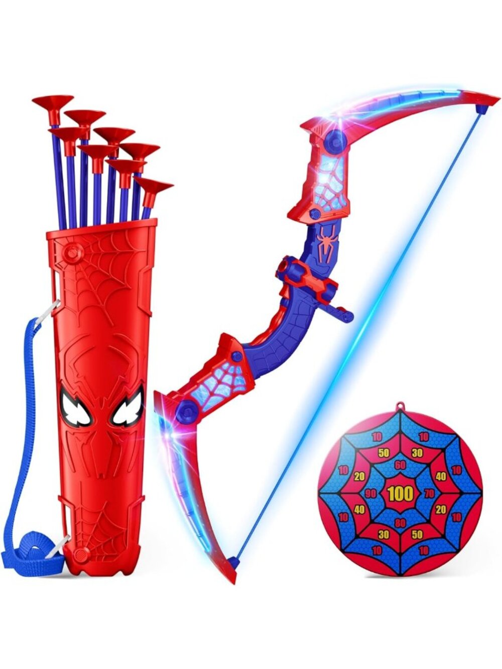LED Spider Bow and Arrow Set for Kids, Quiver & Web Target, Fun Outdoor Toy